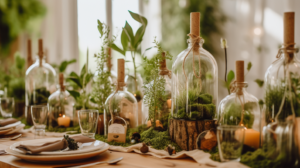 An eco-friendly wedding setup with an outdoor venue, green decorations, and a sustainable dining set-up.