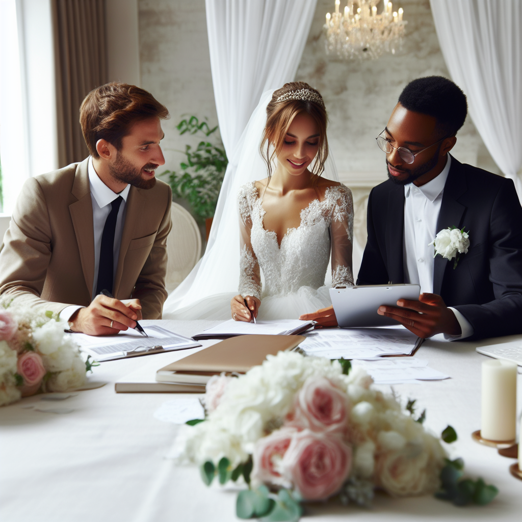 Bride and groom meeting with a wedding planner, discussing details.