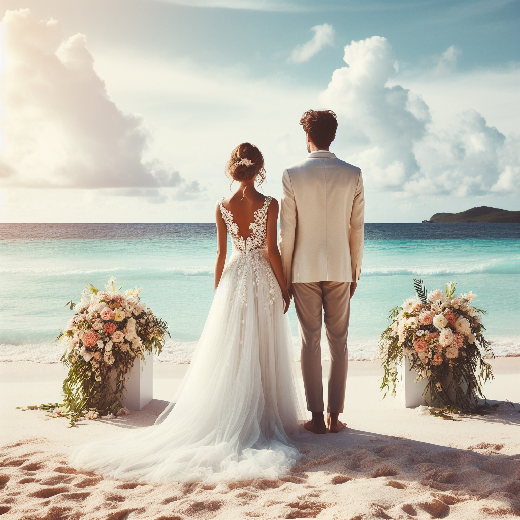 A bride and groom standing on a beautiful beach during a destination wedding ceremony.