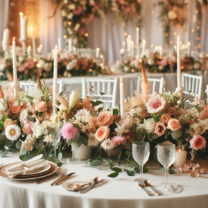 A beautifully decorated wedding table with floral arrangements and candles.