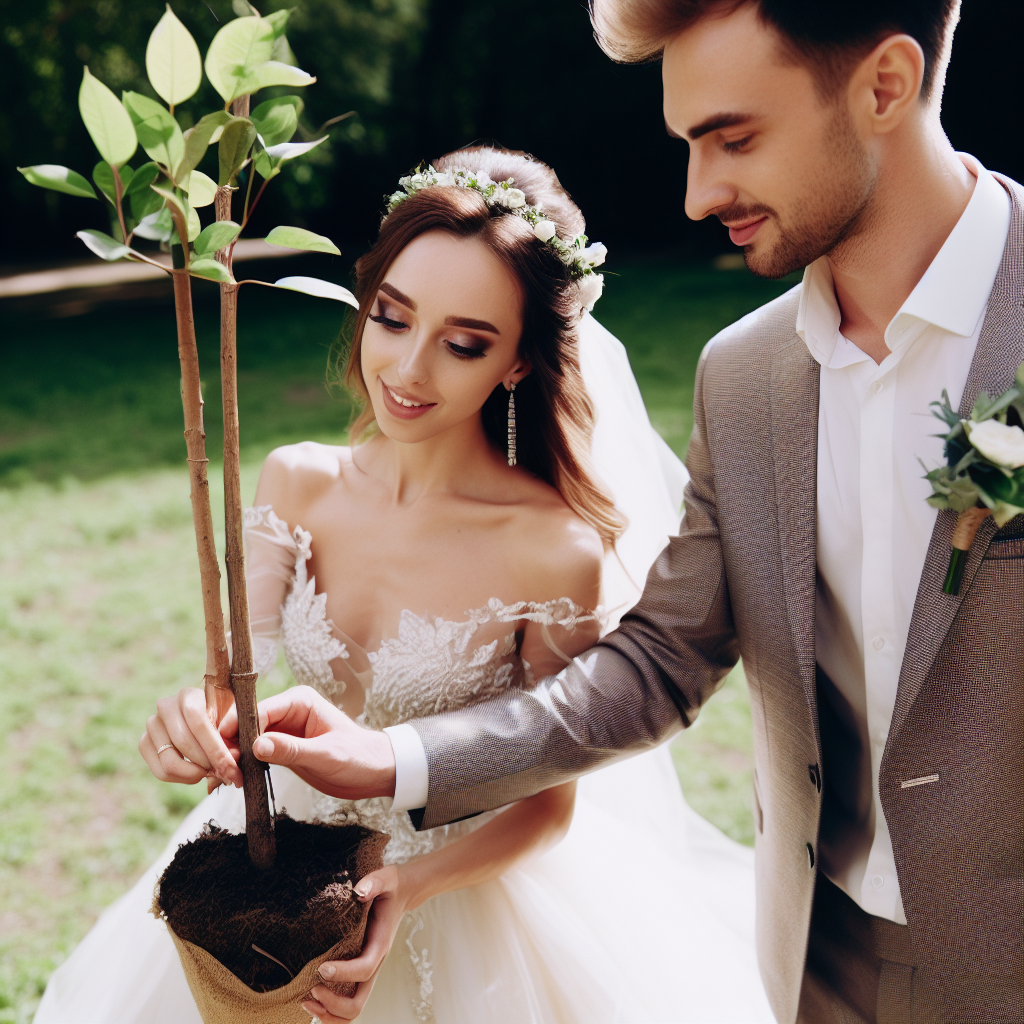 A bride and groom planting a tree together